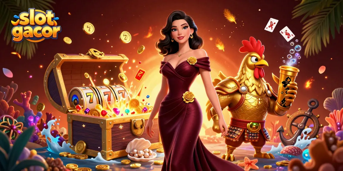 Experience the excitement of slot gacor with dynamic elements and captivating characters in this vibrant digital illustration.