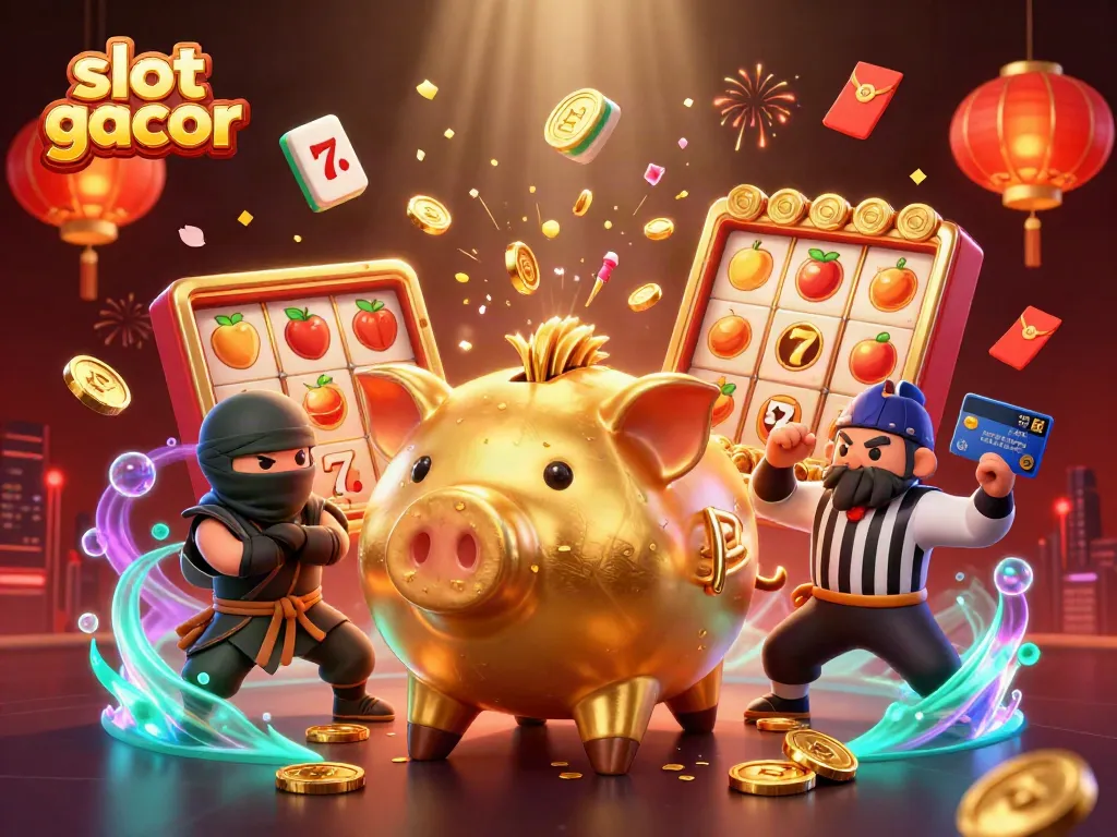 Engage in thrilling slot gacor action with a golden piggy bank sumo and dynamic casino elements.