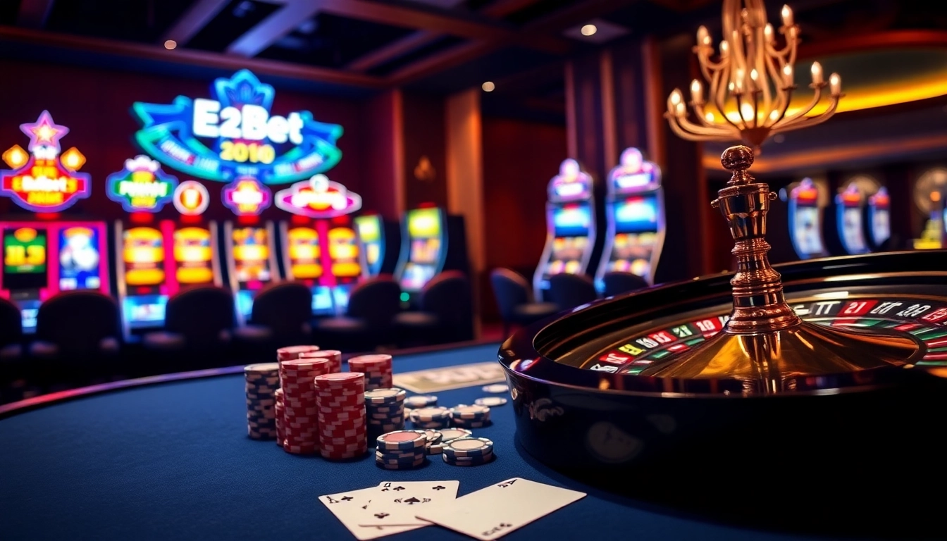 Experience e2bet excitement at a vibrant casino table with poker chips and cards.
