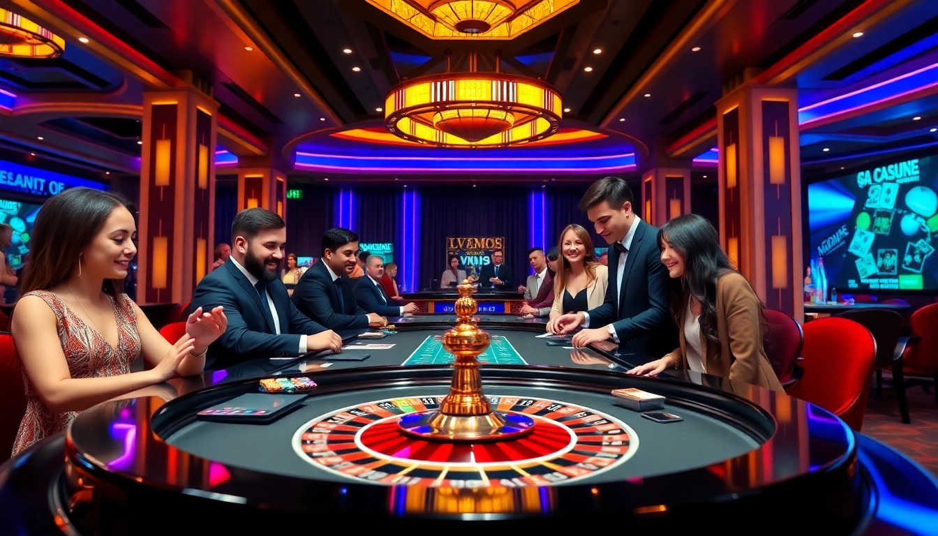 Experience the thrilling atmosphere of LV88's live casino games with vibrant poker tables and players.