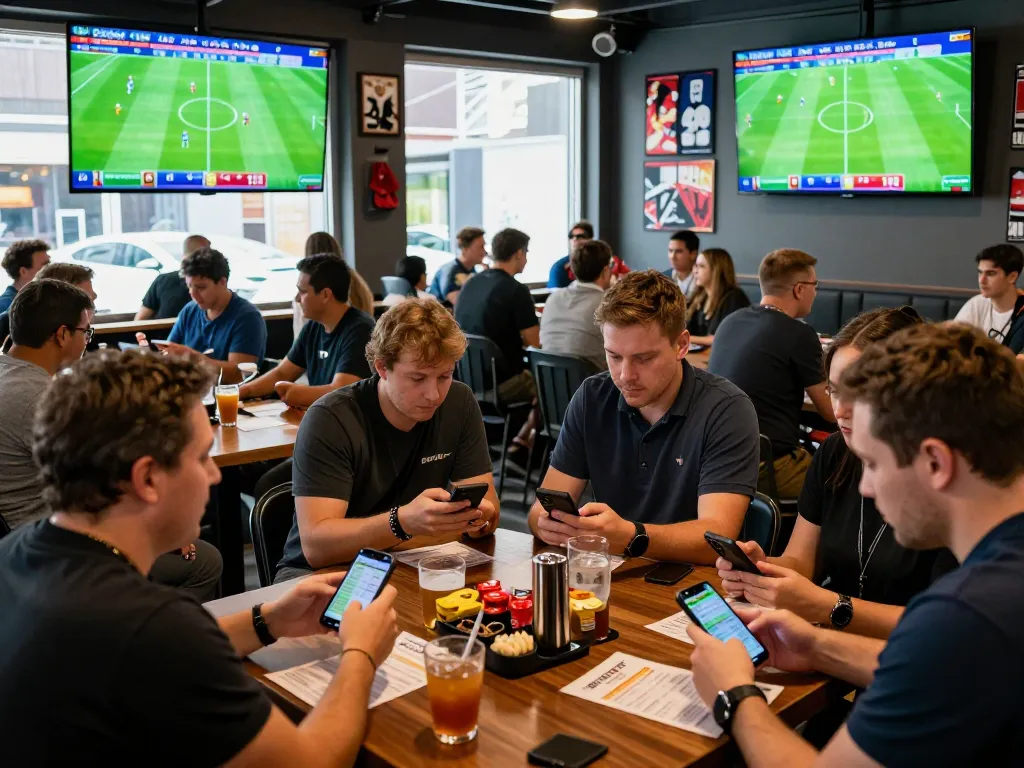 Enthusiastic fans checking kèo nhà cái updates in a lively betting lounge filled with excitement.