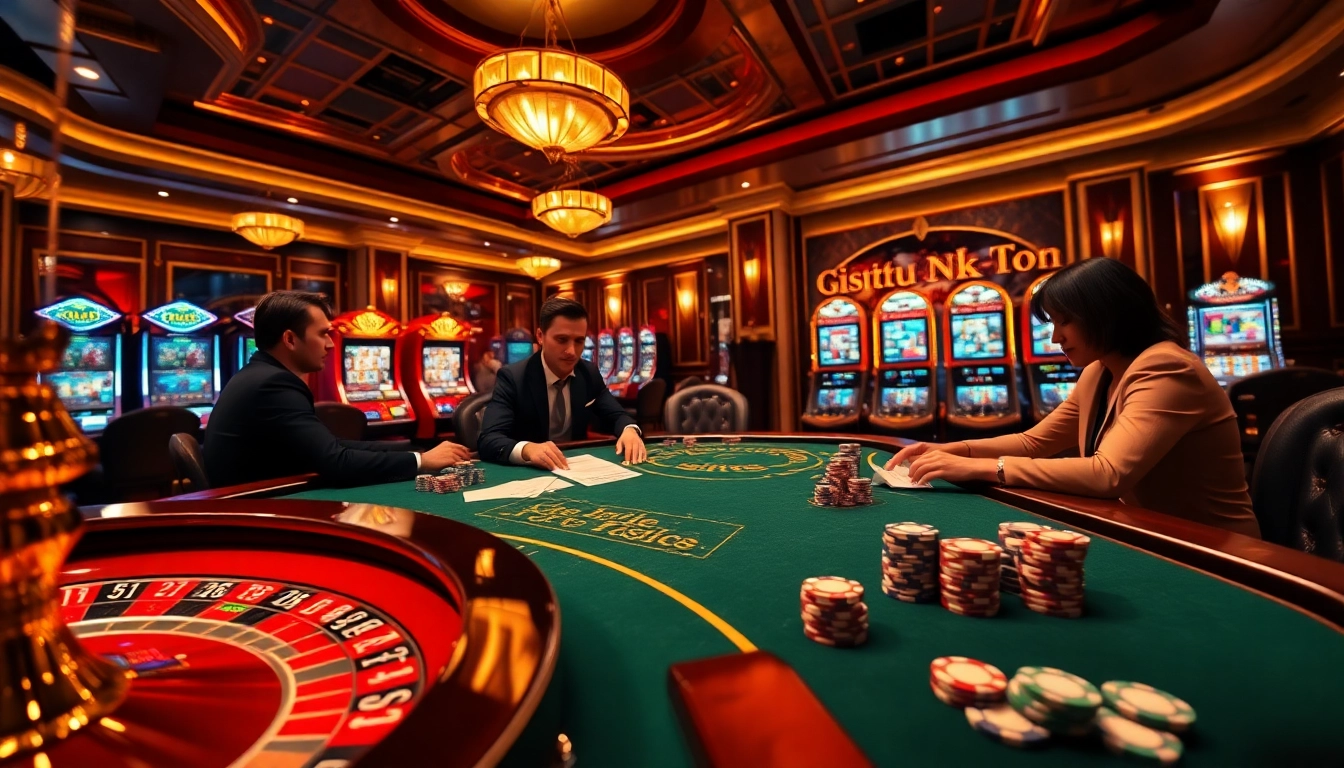 Situs toto gaming experience with a luxurious poker table, vibrant roulette wheel, and illuminated slot machines.