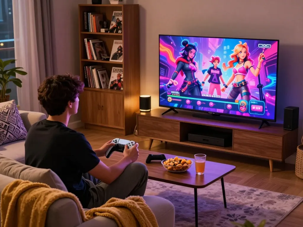 Immersive gaming scene with a player enjoying sex games on a cozy couch.