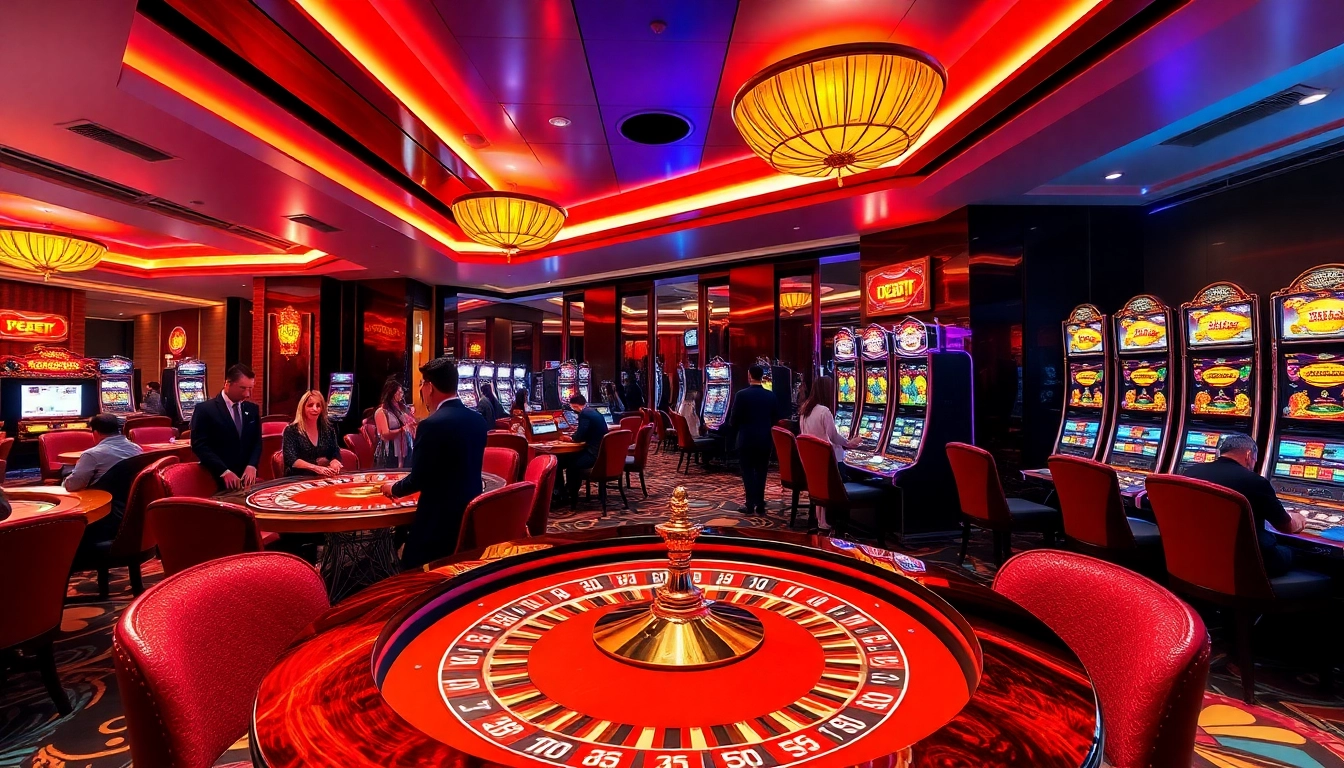 A lively casino scene at Cổng Game DEBET showcasing excitement, roulette tables, and digital bets.