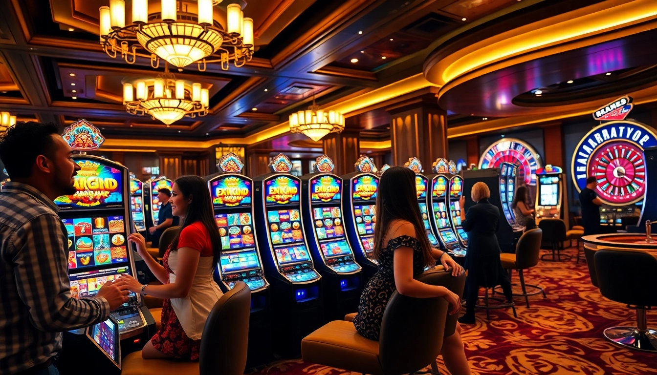 Players winning at vibrant slot machines in a luxurious casino setting.