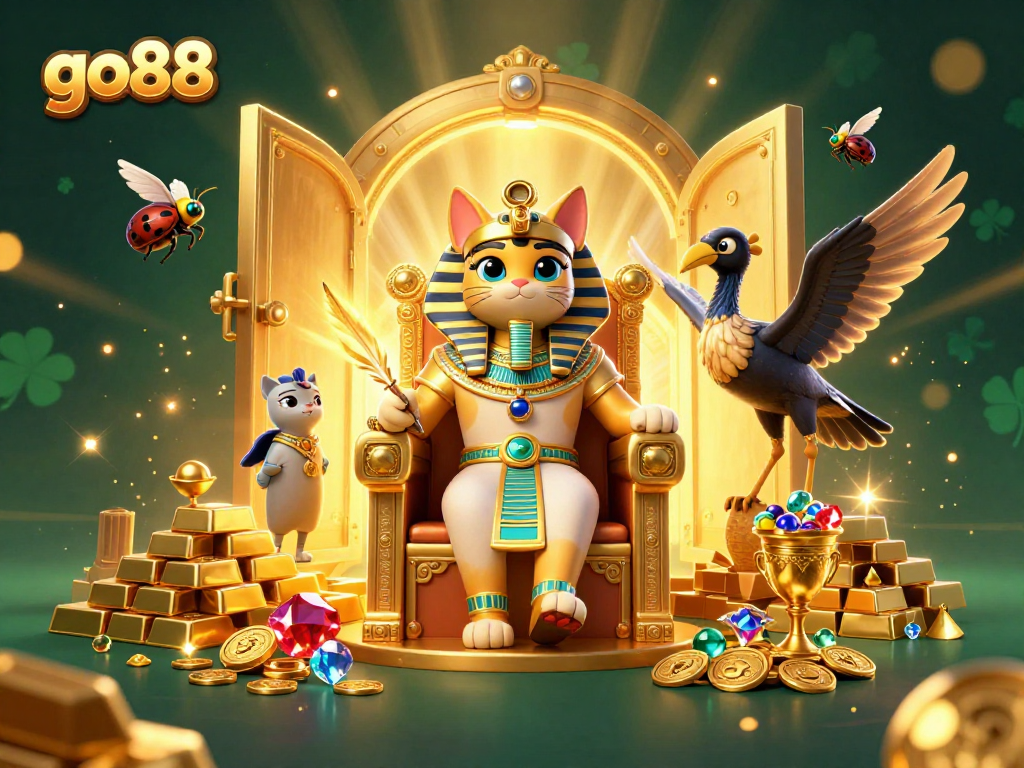 Experience the excitement of go88 casino gaming with an Egyptian pharaoh cat in a treasure-filled scene.