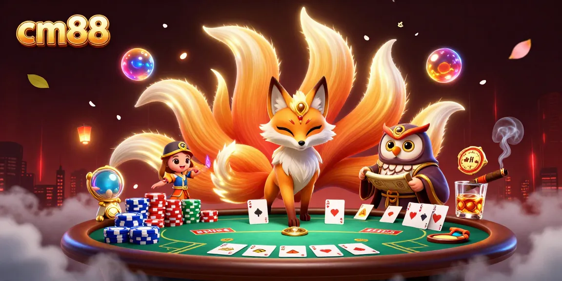 Engage with cm88's vibrant poker scene featuring a whimsical nine-tailed fox and wise owl.