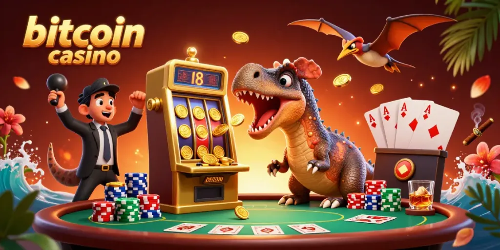 Engaging scene of bitcoin casino with animated dinosaurs and a golden slot machine.