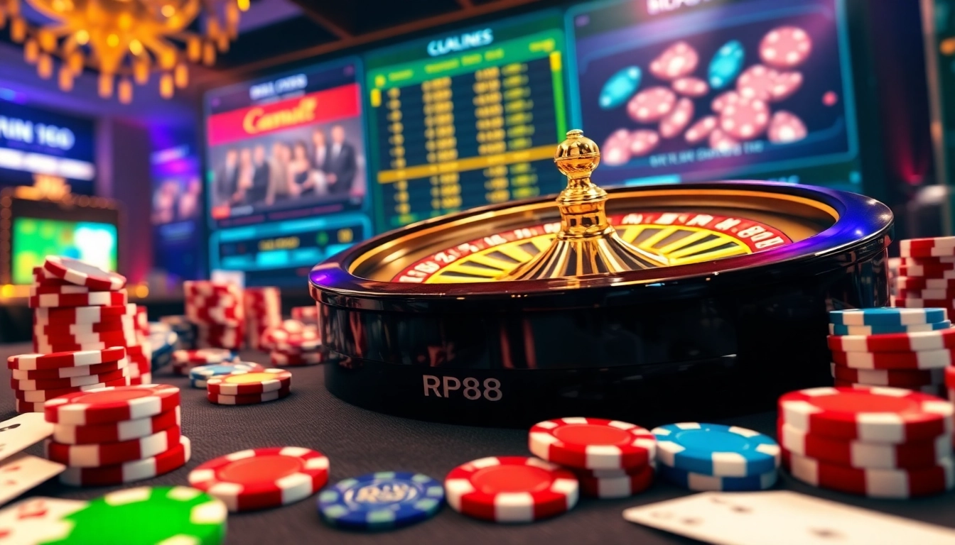 RR88 casino scene showcasing an exciting roulette game with vibrant poker chips and cards.