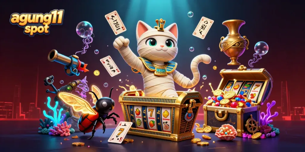 Gambarkan agung11 slot dengan kucing mumi dan simbol keberuntungan di kasino piramida.