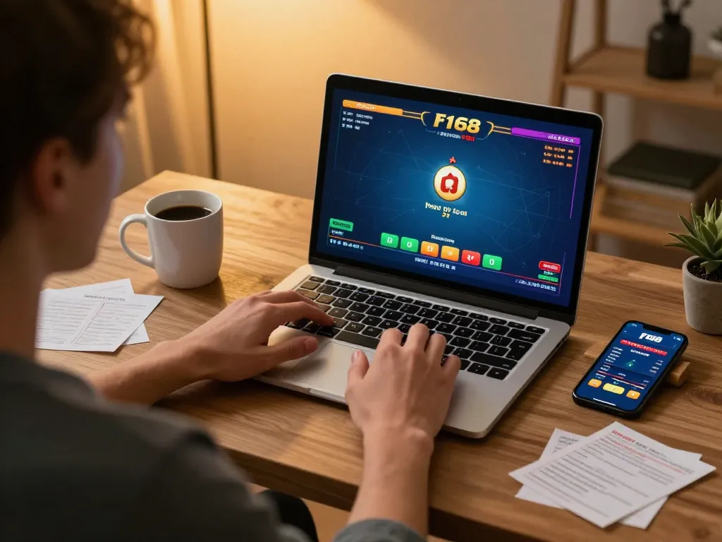 Player interacting with f168 online poker game on a laptop, showcasing a cozy home gaming setup.