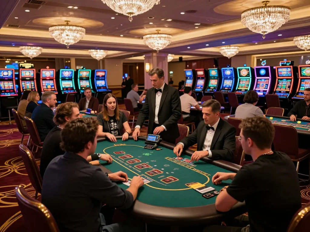 NoHu casino players strategically placing bets at blackjack tables and enjoying the vibrant atmosphere.