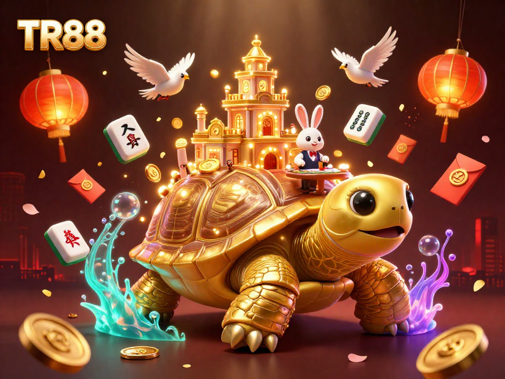 Experience thrilling wins at TR88, with golden tortoise and rabbit dealer in a vibrant casino scene.