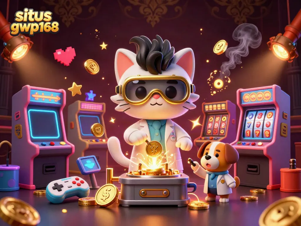 Ilustrasi kasino 3D menunjukkan situs gwp168 dengan karakter kucing ilmuwan dan anjing asisten menciptakan mesin koin emas.