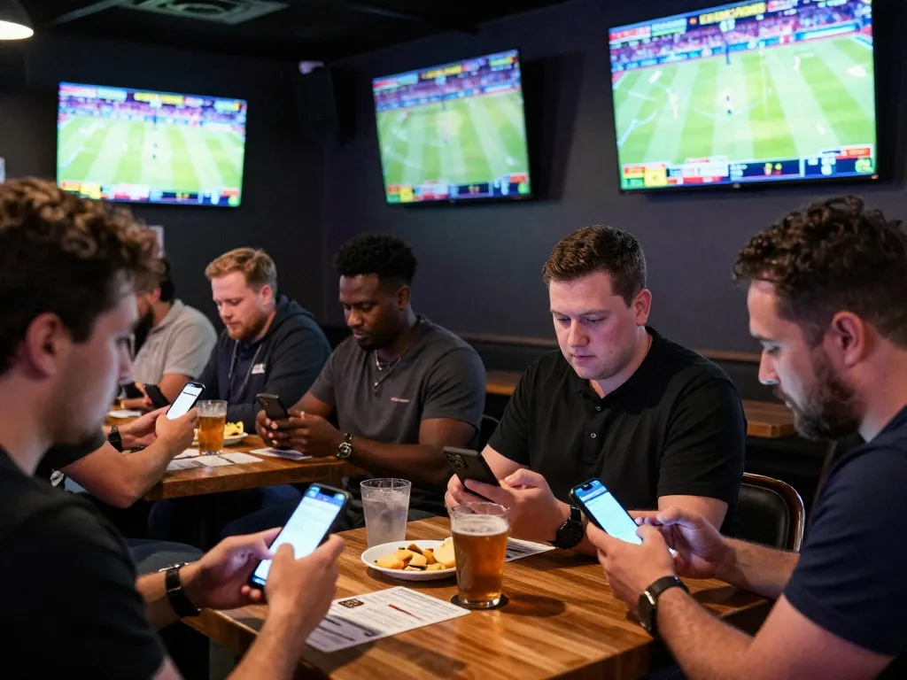 Fans engaging in sports betting excitement at FLY88 with screens and apps in action