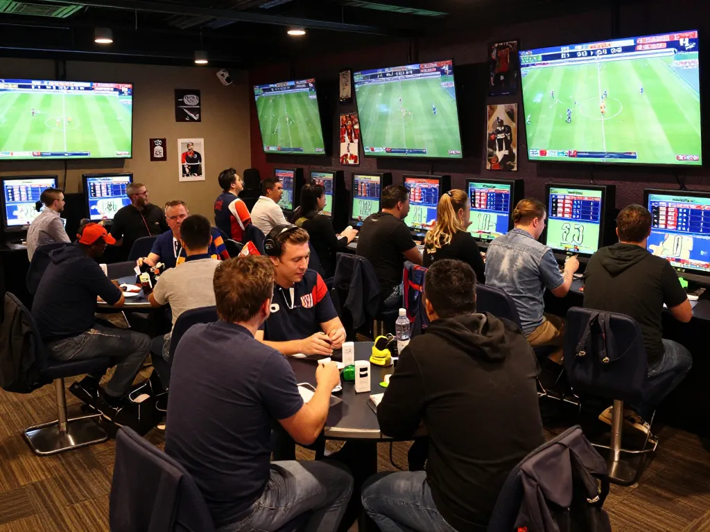 Cakhia TV sports betting scene with enthusiastic bettors and live match screens