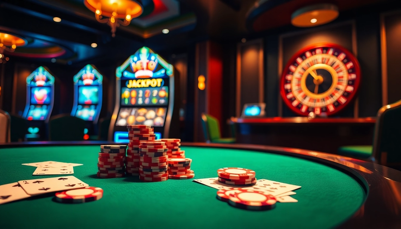 Experience the excitement of me88 with vibrant poker chips and a glowing jackpot slot machine.