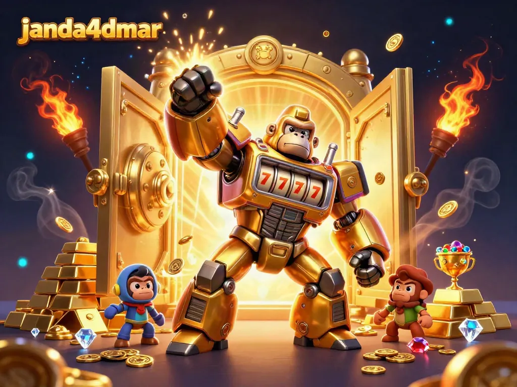 Permainan slot modern "janda4dmar" menghadirkan pengalaman jackpot dengan gorila emas dan koin berkilau.