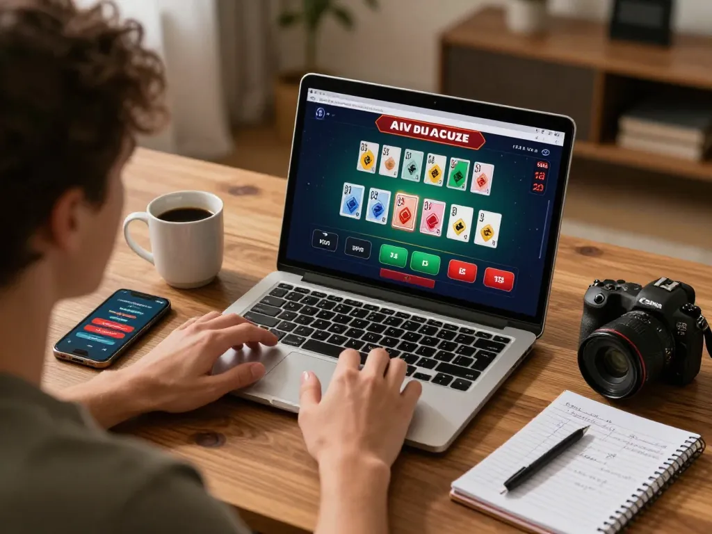 F168 player engaged in online blackjack strategy with live dealer on laptop, showcasing responsible gaming.