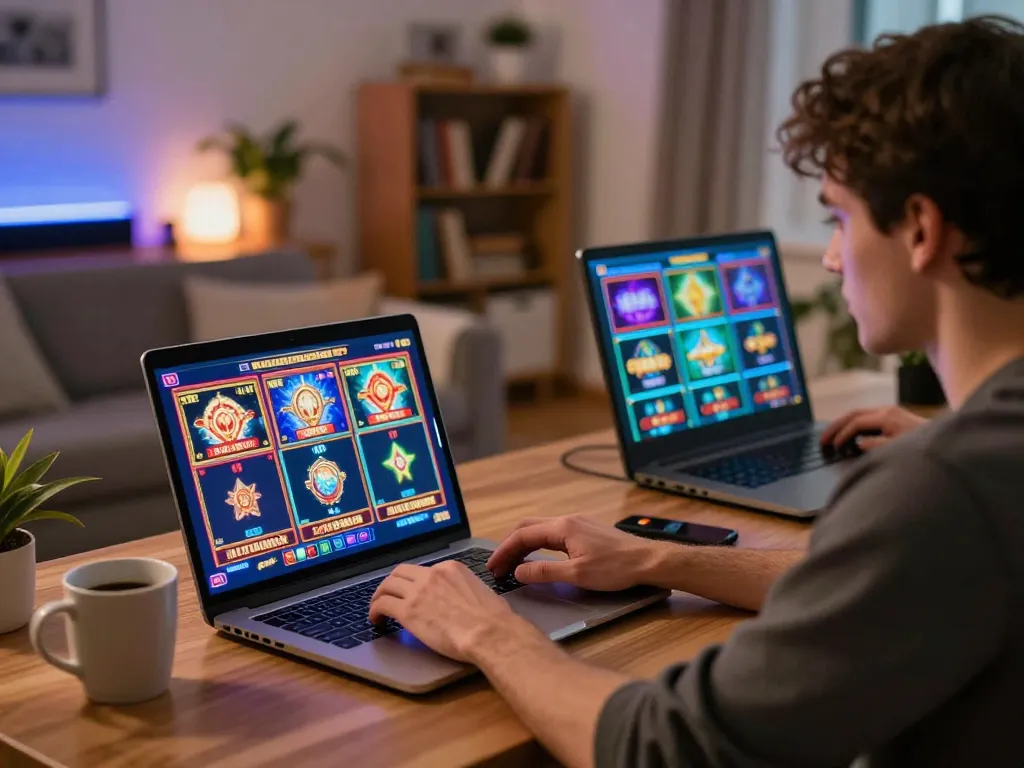 Gamer engaging with 99ok online slots on laptop in cozy home setting, showcasing immersive gaming