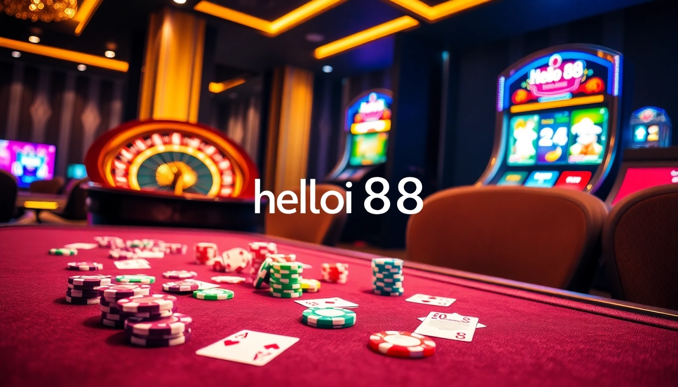 Engaging players at hello88's luxurious casino table featuring colorful chips and cards.