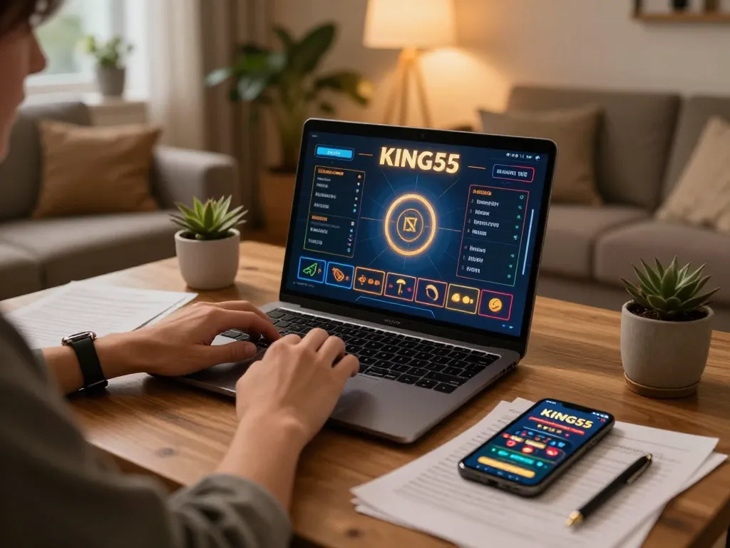 Aplikasi mobile KING55 di smartphone menunjukkan opsi taruhan online, menampilkan pengaturan permainan rumah yang nyaman.