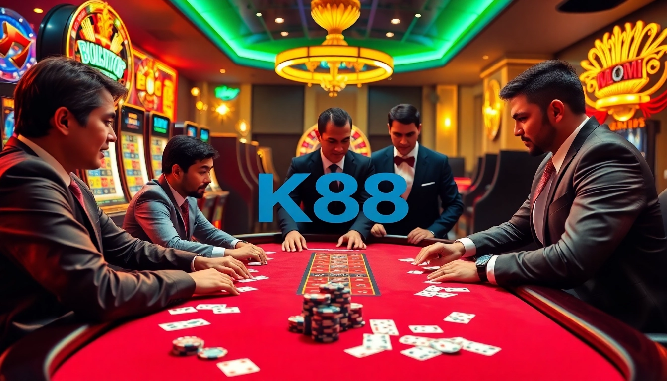 K88 casino players engage in an exciting poker game at a luxurious table.