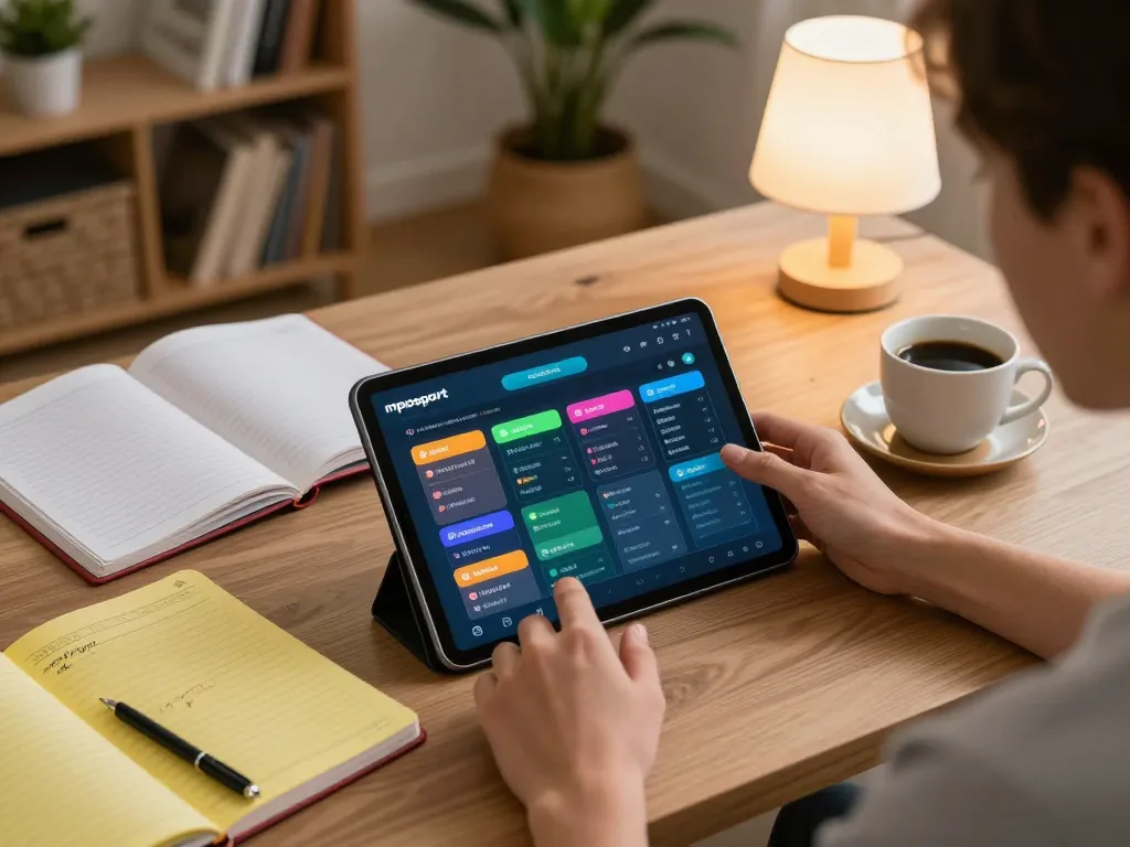 Engaging scene of a player using the mposport app on a tablet, surrounded by betting strategies in a cozy home environment.