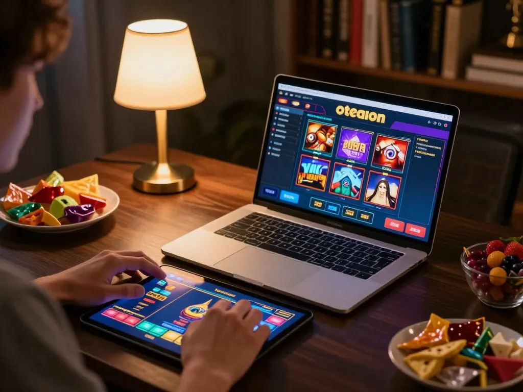 Engaging in octaslot online gaming with laptop and tablet in cozy atmosphere.