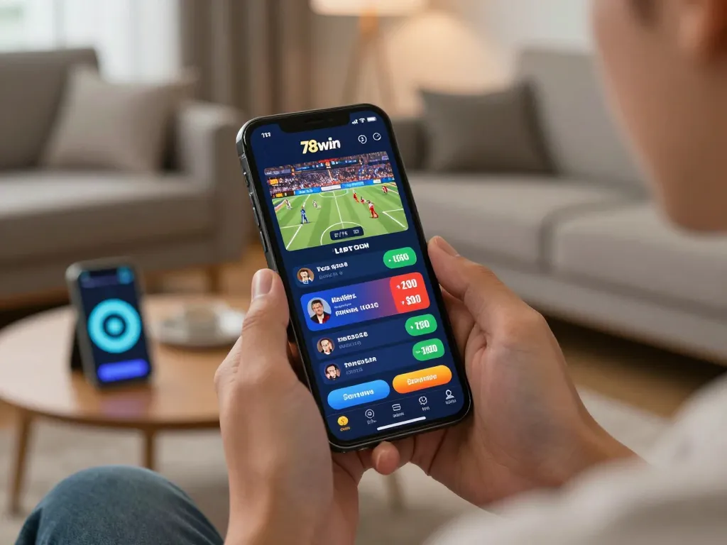 Engaging user enjoying live sports betting on the 78win app in a cozy home setting