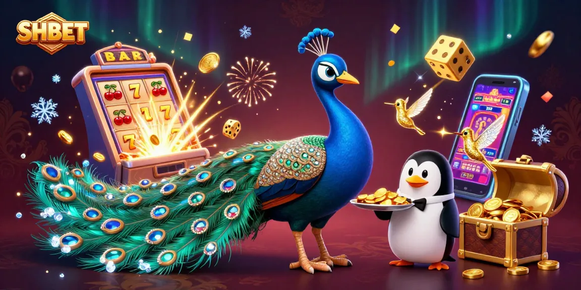 Engage with the vibrant SHBET casino scene featuring a peacock, butler, and hummingbird amidst an explosion of games and riches.