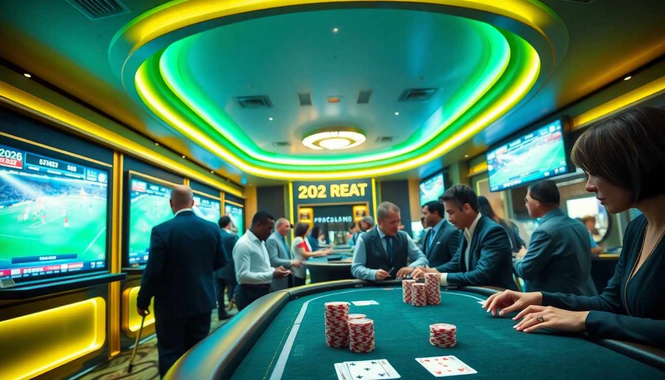 Engaged bettors placing strategic Judi Bola bets in an upscale casino setting, showcasing excitement and professionalism.