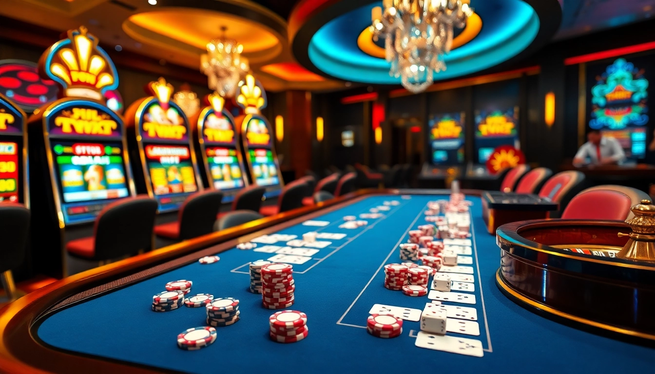 Experience the thrill of 8kbet with vibrant casino games, poker chips, and roulette in a luxurious setting.