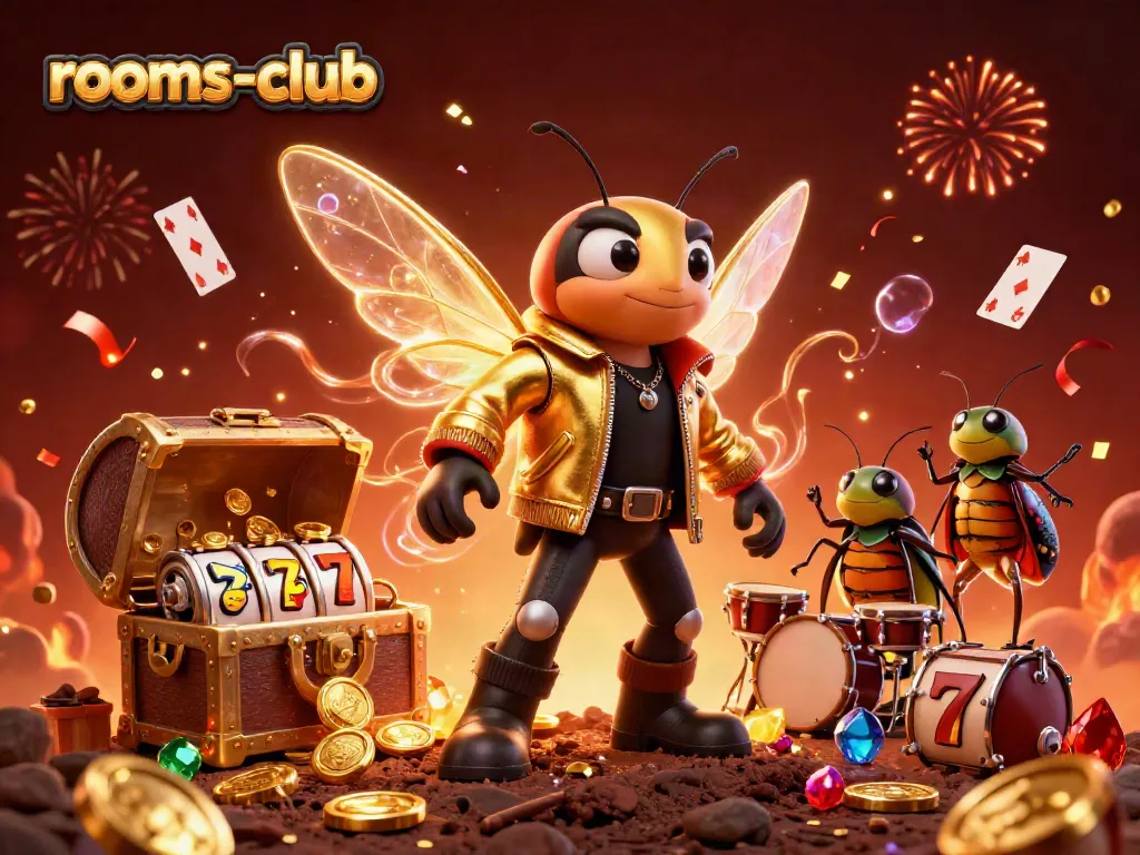 Permainan slot mendebarkan di rooms-club dengan cicada rock star dan koin berkilau.