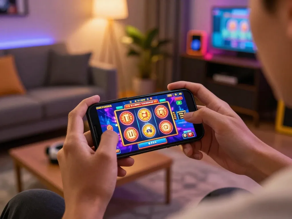 Engaging in kdslot gameplay on a smartphone in a vibrant home setting, showcasing a colorful slot machine interface.