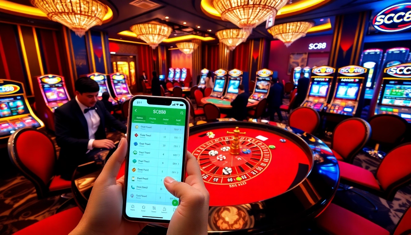 Players enjoying high-stakes gaming at SC88 casino with roulette tables and vibrant slot machines.