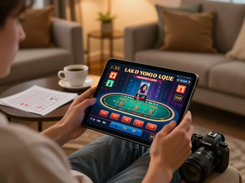 Engaging online casino gameplay with cm88 displayed on a tablet in a cozy living room setting.