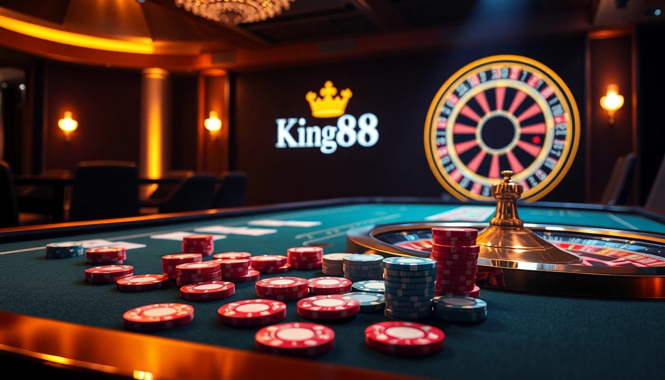 Experience thrilling casino action with King88's vibrant poker chips and elegant gaming tables.