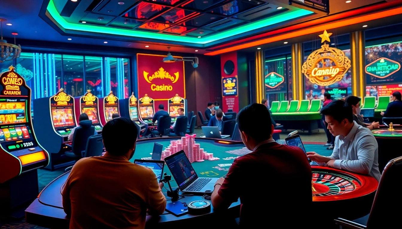 Showcasing the excitement of online gambling at trang chủ win55 with vibrant slot machines and poker tables.