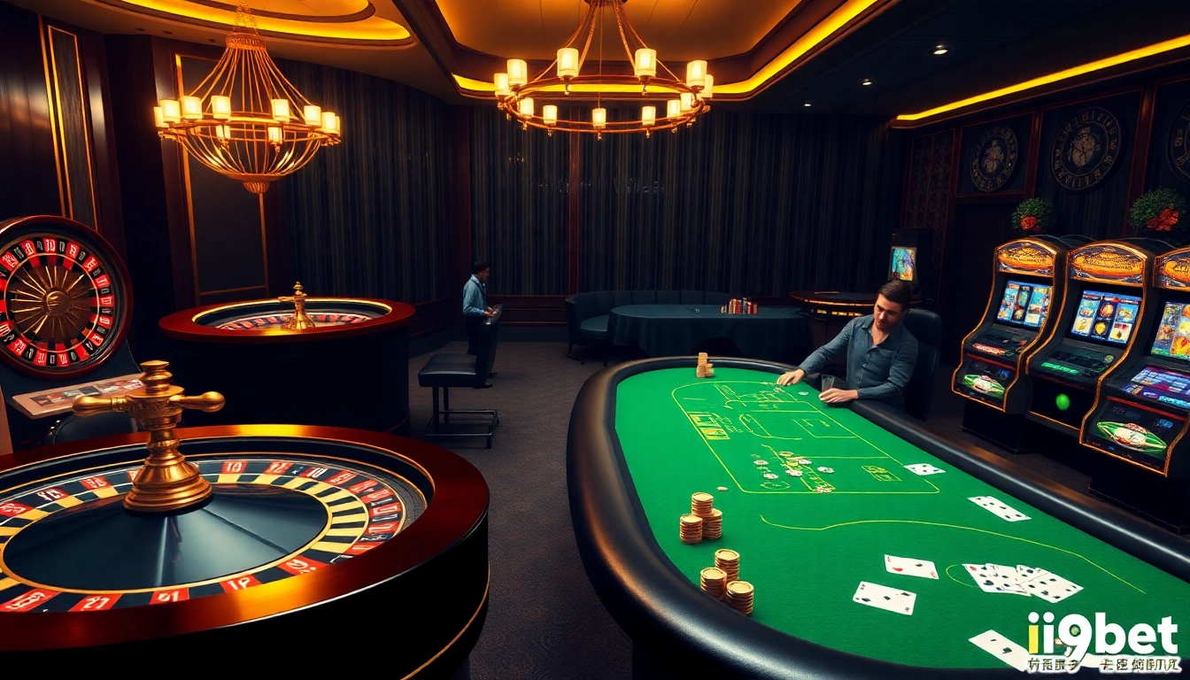 I9bet showcases an exciting online casino experience with a roulette wheel and vibrant poker tables.