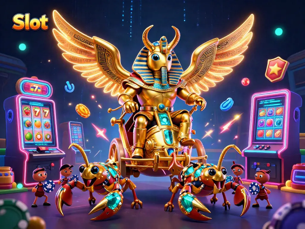 Slot yang menarik dengan karakter Kartun Dewa, mesin slot, dan elemen kasino lainnya.
