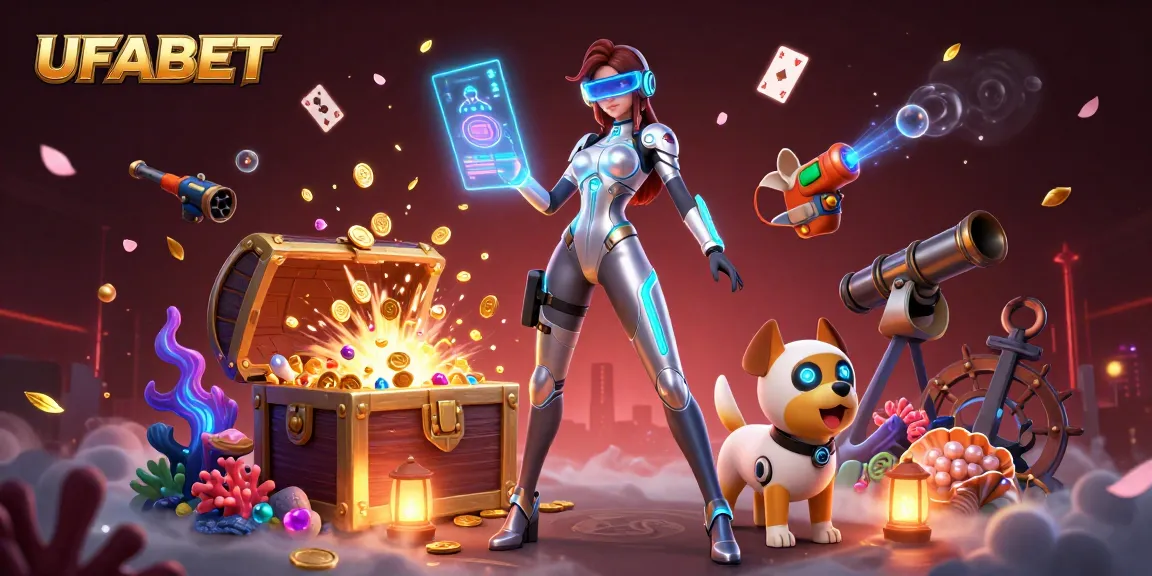 Experience thrilling gaming with UFABET featuring a futuristic woman and a robot dog amidst a vivid casino scene.