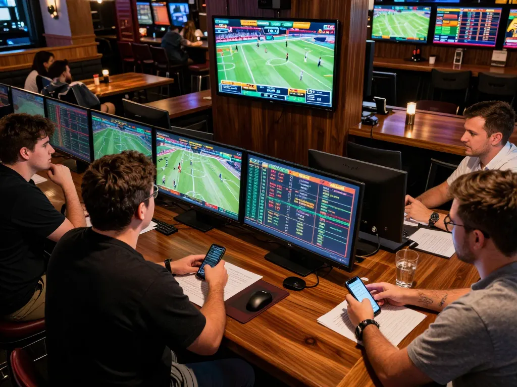 Bong88 users placing sports bets while engaging with live match statistics in a vibrant betting environment