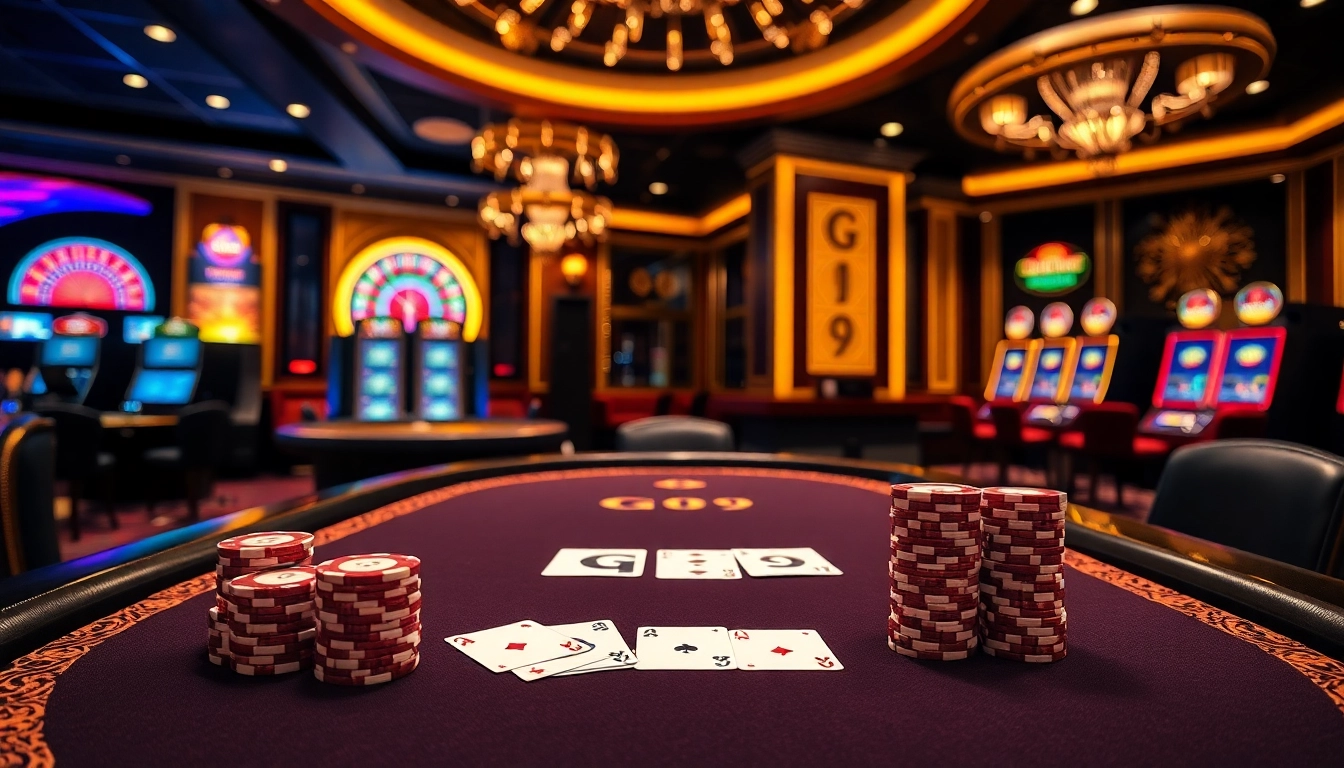 Players engaging at the luxurious GO99 poker table with vibrant cards and chips.
