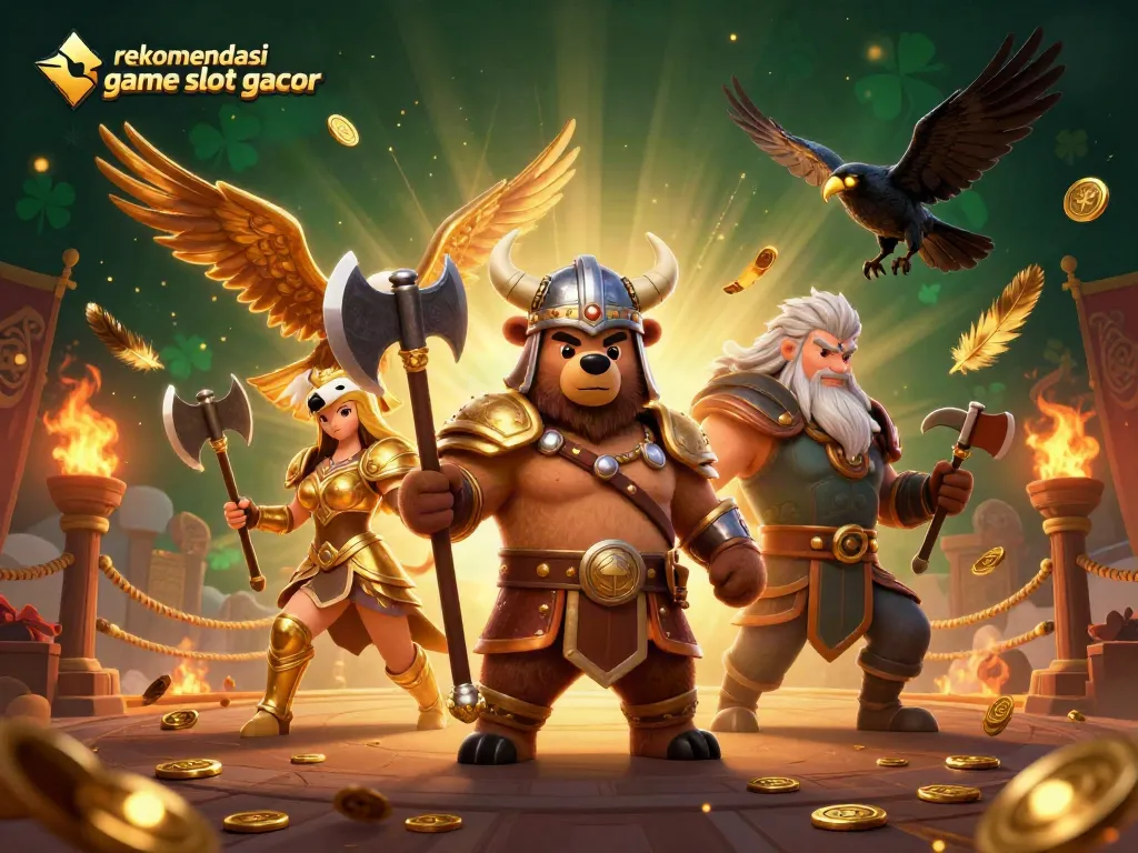 Rekomendasi game slot gacor menampilkan pahlawan Viking dan permainan slot dengan elemen menarik.