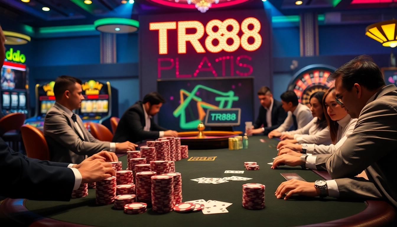 Engage in high-stakes poker at a glamorous casino featuring TR88 illuminated on a digital display.
