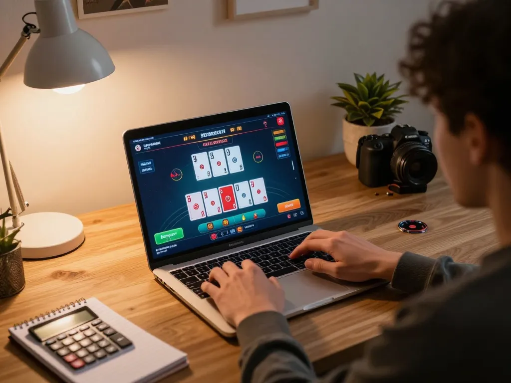 Player engaging in live dealer blackjack on bdtk66 from a cozy home office, showcasing strategic gameplay.