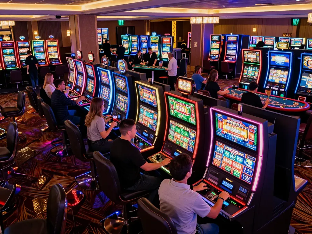 Players enjoying the thrilling atmosphere of the TR88 casino floor, surrounded by vibrant slot machines and engaging gameplay.