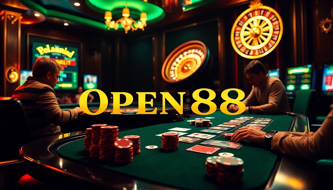 Players competing in a high-stakes poker game at OPEN88 casino, surrounded by colorful chips and cards.