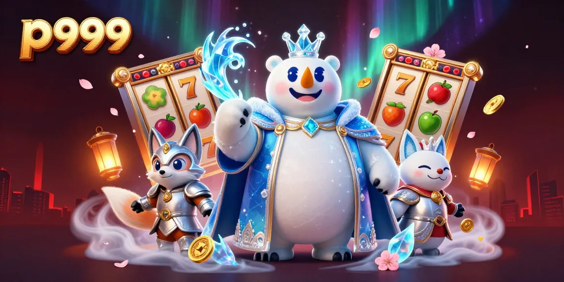 Experience the thrill of gaming with p 999, featuring a polar bear king amidst slot machine chaos.